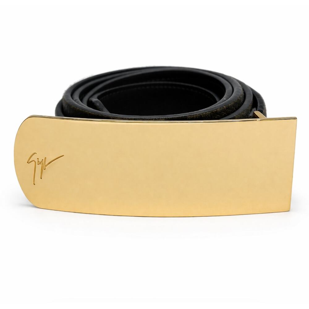 GIUSEPPE ZANOTTI Signature Lane Gold Bar Buckle Camo Green Belt Sz 44 / 110